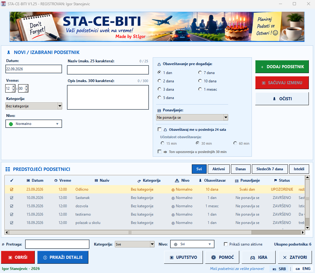 Stvarni prikaz programa STA-CE-BITI V1.25 na srpskom