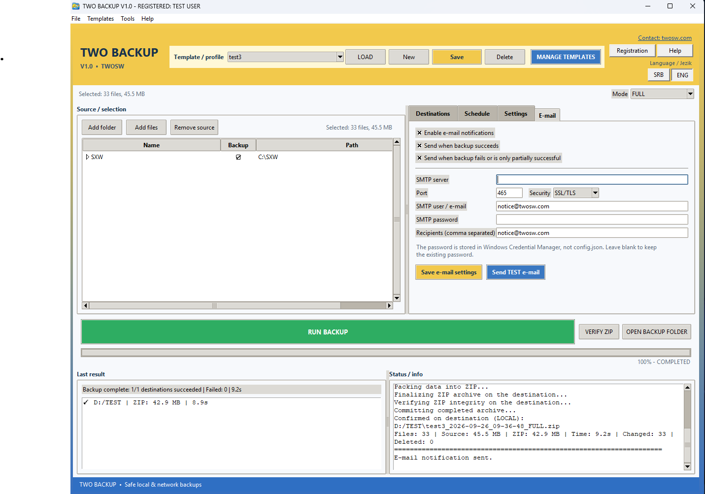TWO BACKUP V1.0 E-mail ekran