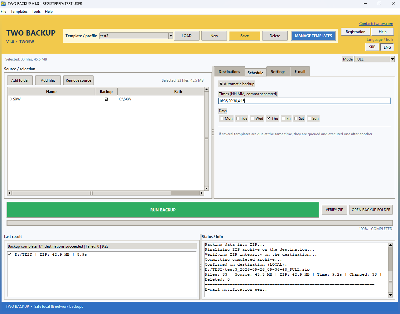 TWO BACKUP V1.0 Schedule ekran